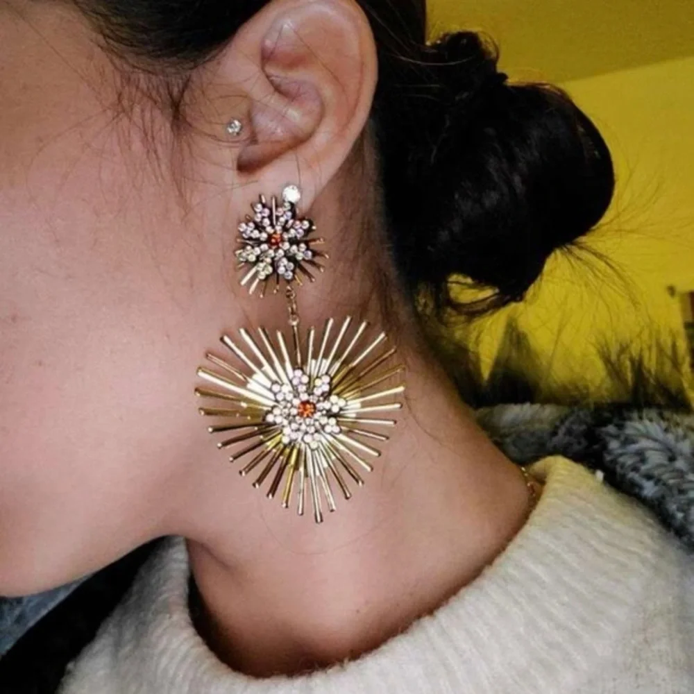 2/$30🌵 Gold Heart Earrings Firework Rhinestone Sunburst Sparkle Statement NEW